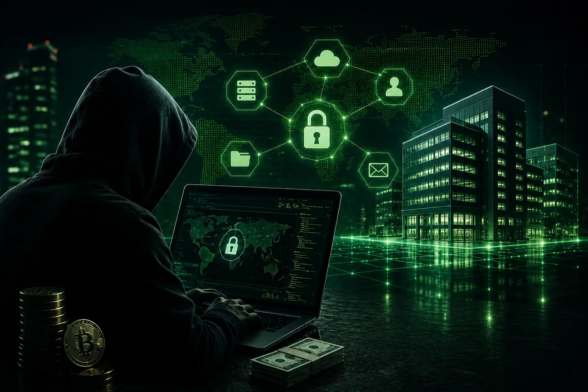 Person mit Kapuze am Laptop neben Bitcoin-Münzen und Bargeld, dahinter Bürogebäude und vernetzte Symbole mit Schloss