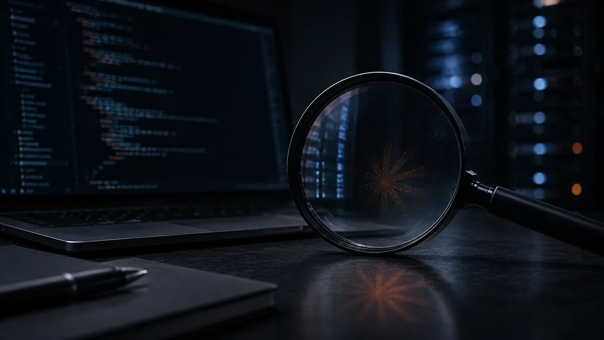 Lupe auf einem dunklen Schreibtisch vor einem Laptop mit Quellcode, im Glas ein orangefarbenes Strahlensymbol
