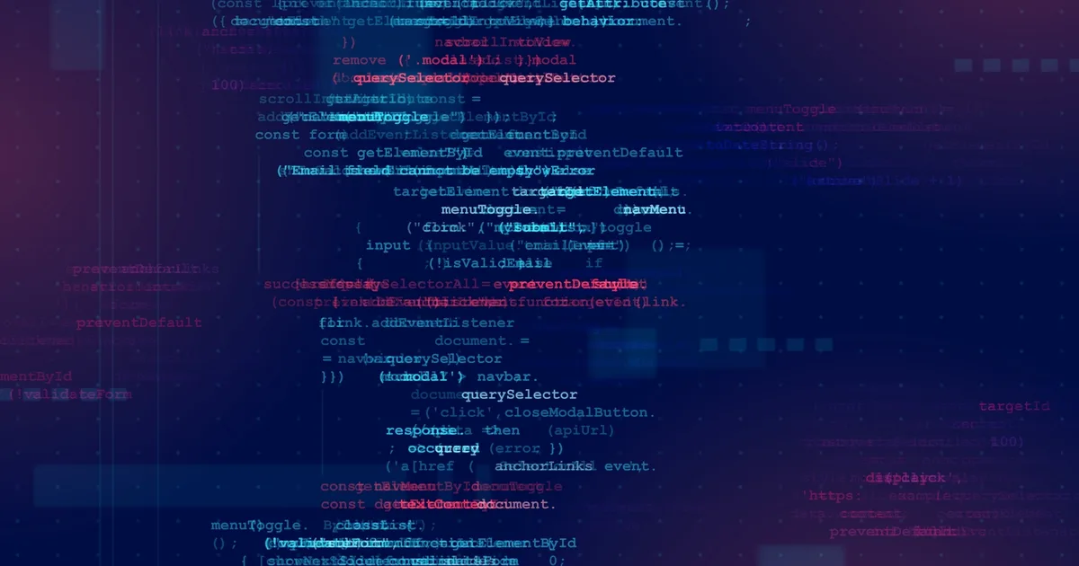 Abstrakte Darstellung überlagerter Quellcodezeilen in Blau und Rot auf dunklem Hintergrund