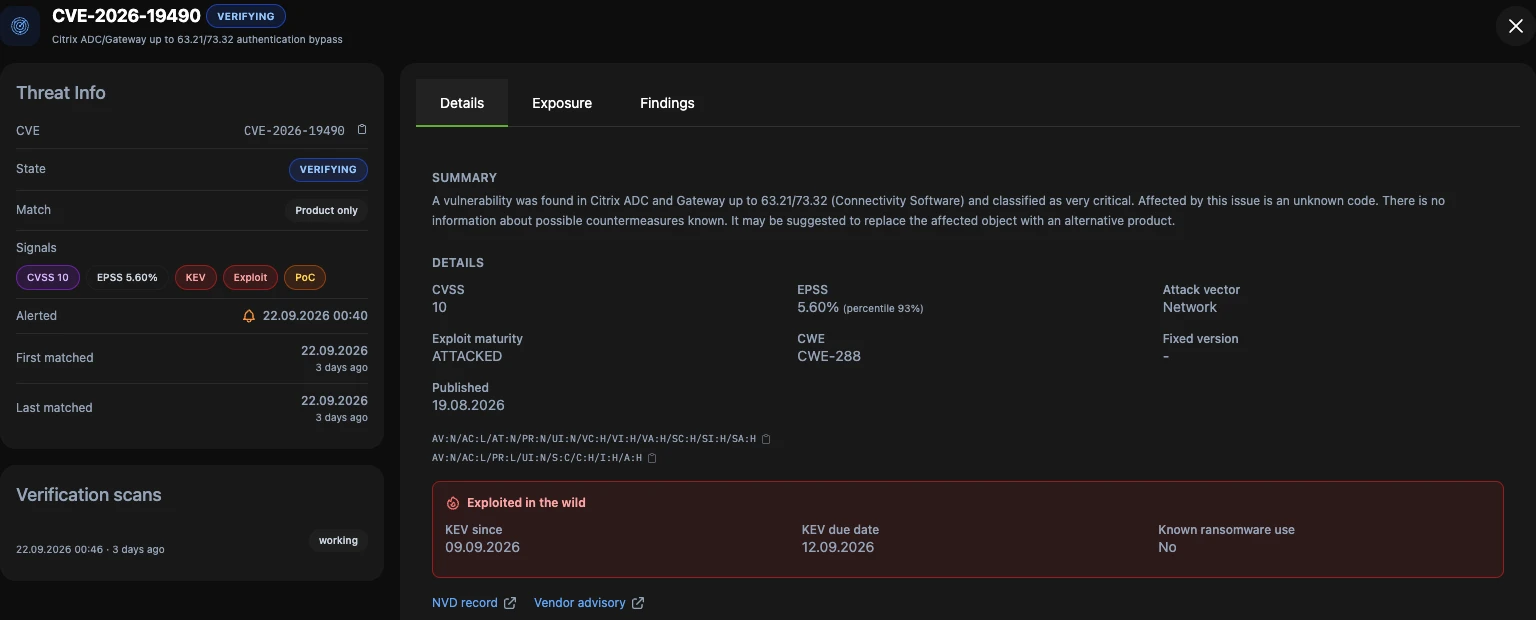 Detailansicht eines Threats im Threat Center mit CVSS 10, EPSS-Wert, CISA-KEV-Frist und laufendem Verifikationsscan